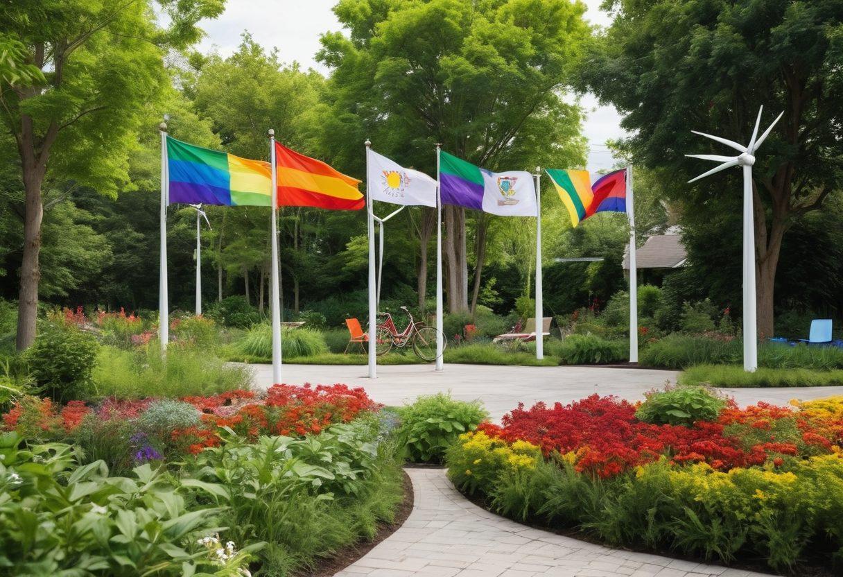 A vibrant cityscape where colorful LGBTQ flags blend seamlessly with lush greenery and urban gardens, showcasing wind turbines and solar panels. Diverse individuals of various backgrounds, wearing eco-friendly attire, are actively participating in various sustainability efforts like planting trees, recycling, and using bicycles. The scene radiates positivity and inclusivity, symbolizing the strong connection between the LGBTQ community and green living. super-realistic. vibrant colors. white background.