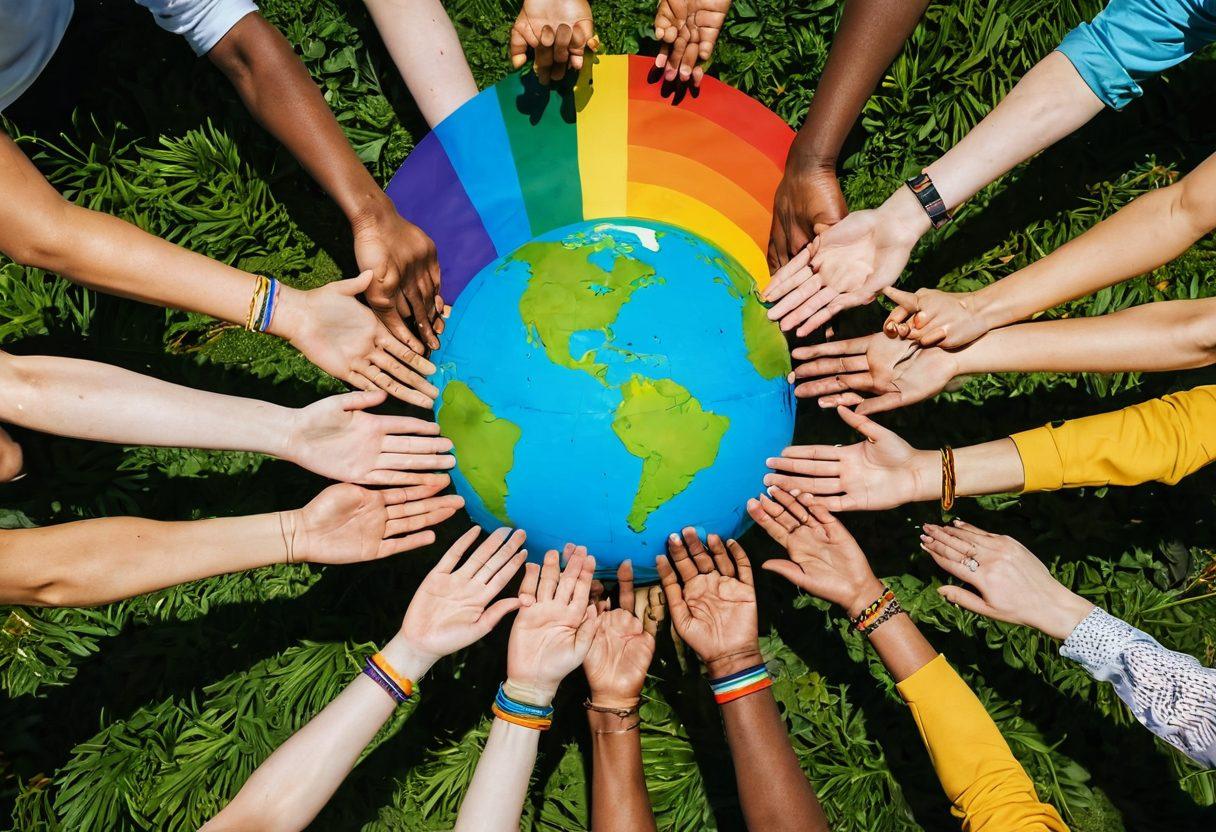 A vibrant community gathering showcasing diverse individuals from the LGBTQ movement, holding hands around a globe symbolizing sustainable living. The background features lush greenery, colorful flowers, and solar panels, highlighting harmony with nature. Include symbols of inclusivity like rainbows and earth motifs. The scene is bathed in warm sunlight, radiating positivity and unity. super-realistic. vibrant colors. airy background.