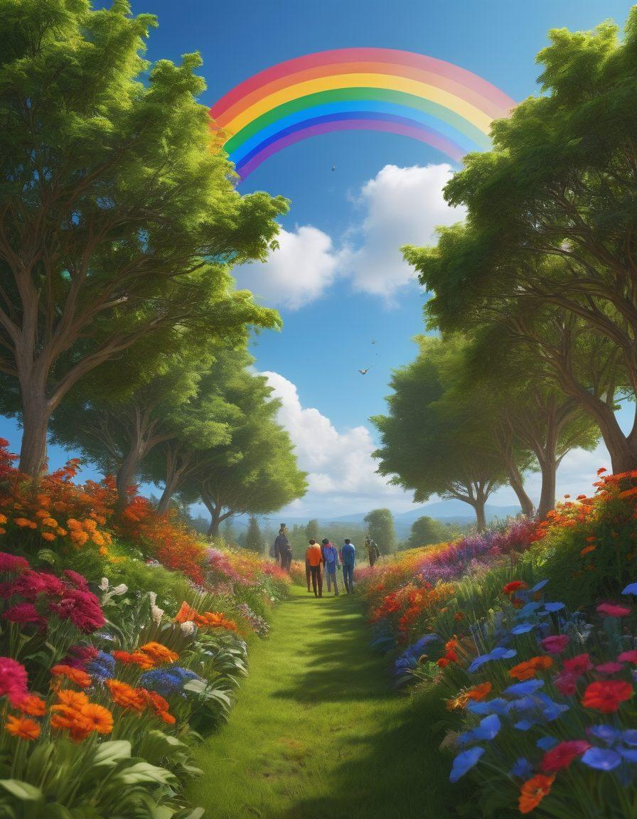 A vibrant rainbow arching over a lush green landscape, with diverse groups of people collaboratively planting trees and flowers. Symbols of LGBTQ+ pride and environmental sustainability are intertwined, like a rainbow flag made of leaves and flowers. In the background, a clear blue sky with birds flying, signifying hope and harmony. This scene embodies unity between homosexual rights and green practices. vibrant colors. super-realistic. nature-inspired. 